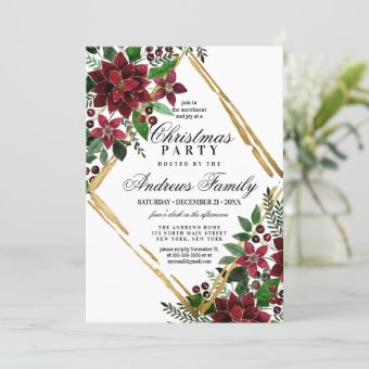 Burgundy Gold Poinsettia Floral Christmas Party Invitation | Zazzle