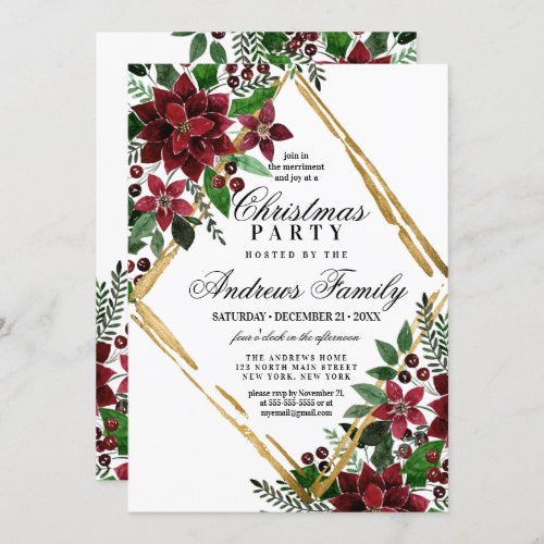 Burgundy Gold Poinsettia Floral Christmas Party Invitation