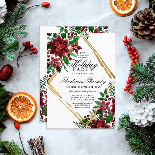 Burgundy Gold Poinsettia Floral Holiday Party Invitation