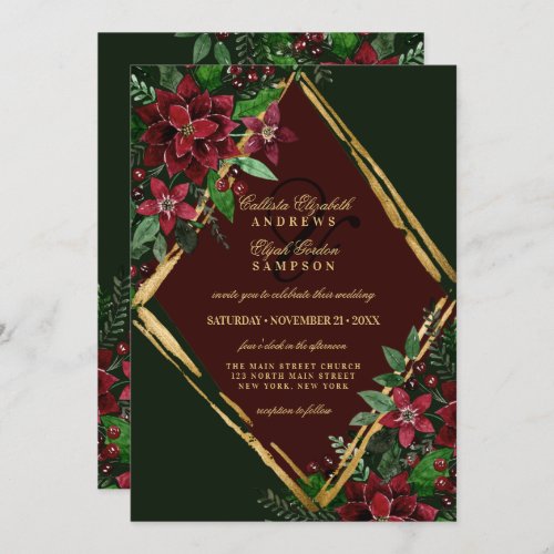 Burgundy Gold Poinsettia Floral Watercolor Wedding Invitation