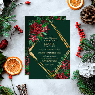 Burgundy Gold Poinsettia Floral Watercolor Wedding Invitation