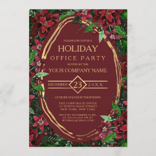 Burgundy Gold Poinsettia Ivy Corporate Holiday Invitation