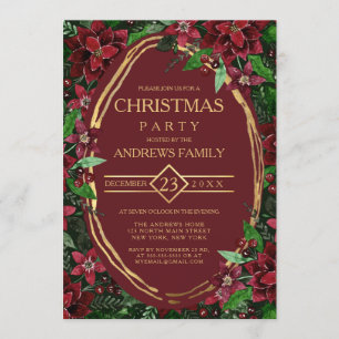 Burgundy Gold Poinsettia Ivy Floral Christmas Invitation