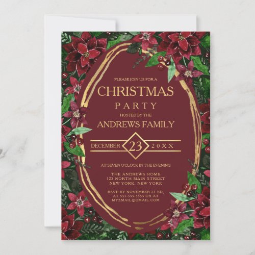 Burgundy Gold Poinsettia Ivy Floral Christmas Invitation