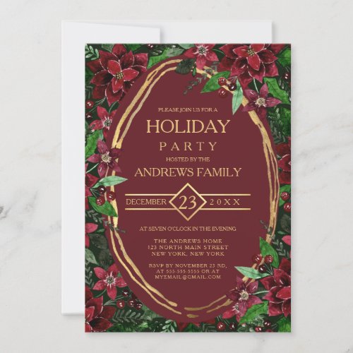 Burgundy Gold Poinsettia Ivy Floral Holiday Invitation