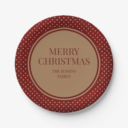 Burgundy Gold Polka Dots Merry Christmas Paper Plates