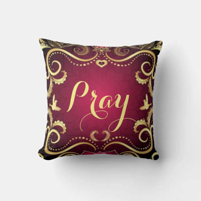 Burgundy Gold Pray Pattern Print Design Throw Pillow (Front)