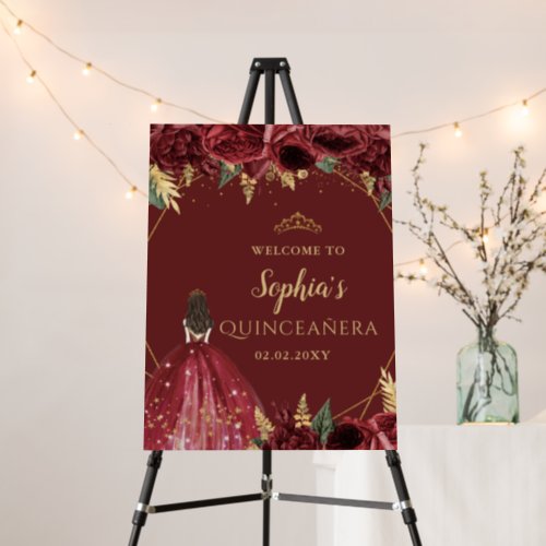 Burgundy Gold Princess Quinceaera Welcome Sign