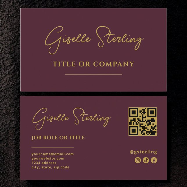 Burgundy Gold Professional Company Script QR Code Business Card (Creator Uploaded)