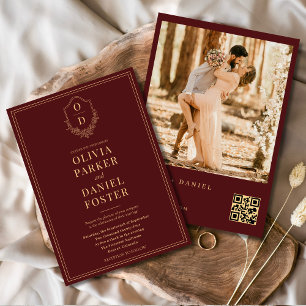 Burgundy Gold QR Code Crest Photo Wedding Invitation