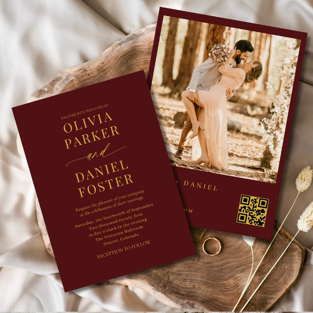 Burgundy Gold QR Code Photo Elegant Wedding Invitation (Creator Uploaded)