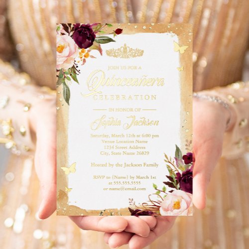Burgundy Gold Quinceanera Floral Sparkle Tiara Foil Invitation