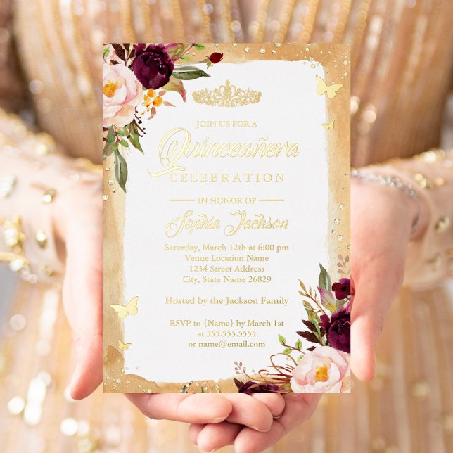 Burgundy Gold Quinceanera Floral Sparkle Tiara Foil Invitation (Creator Uploaded)