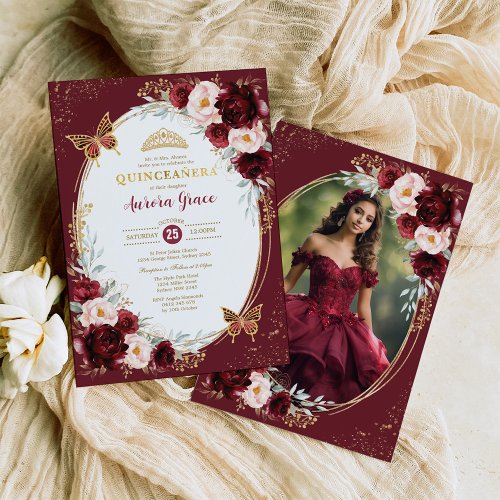Burgundy Gold Quinceaera Flowers Butterfly Photo Invitation
