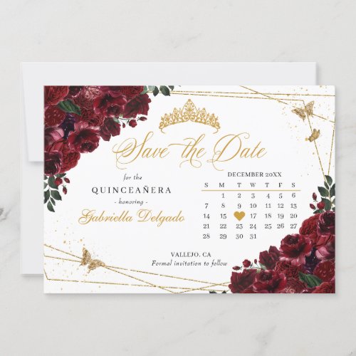 Burgundy  Gold Quinceaera Save The Date Invitation