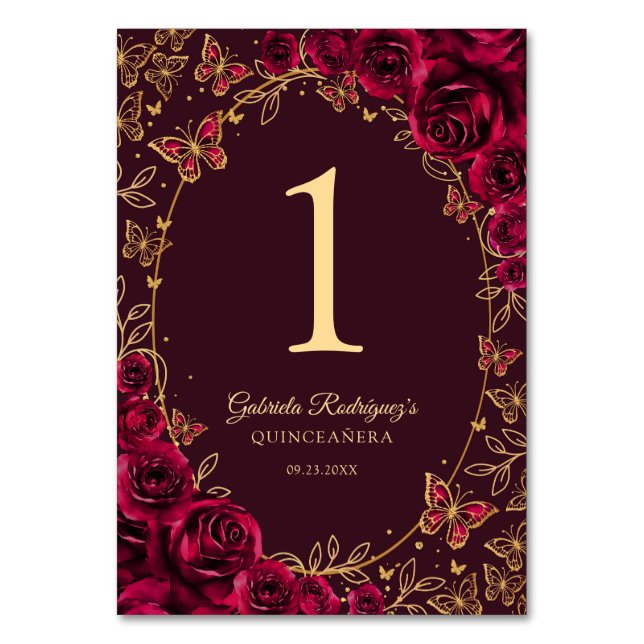 Burgundy Gold Quinceanera Table Number (Front)