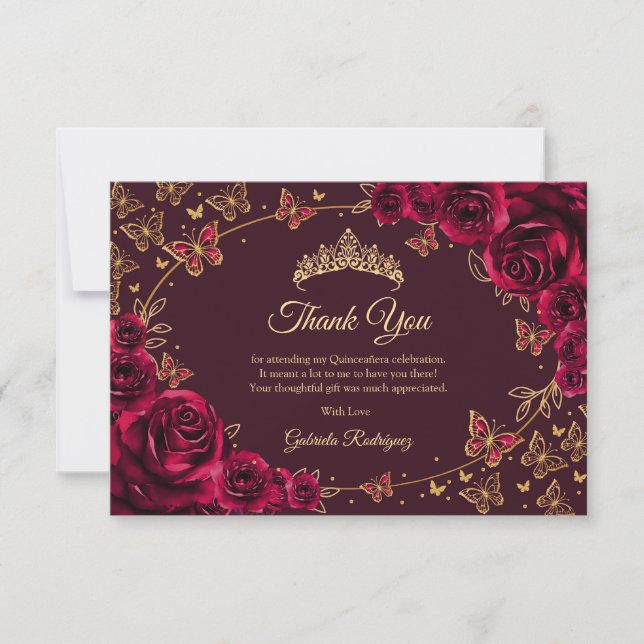 Burgundy Gold Quinceanera Thank You Card (Front)