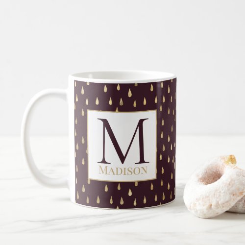 Burgundy Gold Raindrop Modern Trendy Monogram Coffee Mug