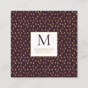 Burgundy Gold Raindrop Modern Trendy Monogram Square Business Card