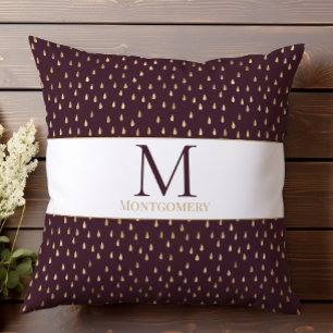 Burgundy Gold Raindrop Modern Trendy Monogram Throw Pillow
