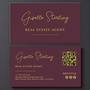 Burgundy & Gold Real Estate Agent QR Code Business Card