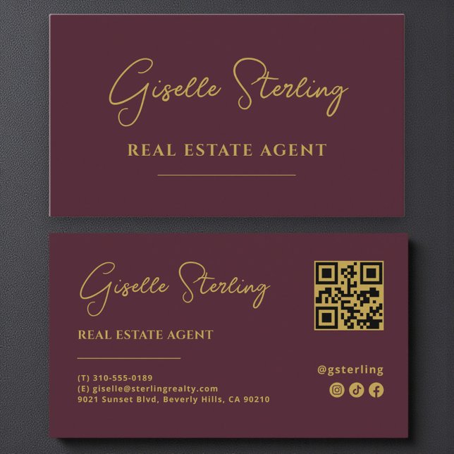 Burgundy & Gold Real Estate Agent QR Code Business Card (Creator Uploaded)