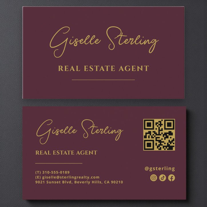 Burgundy Gold Real Estate Agent QR Code Business Card