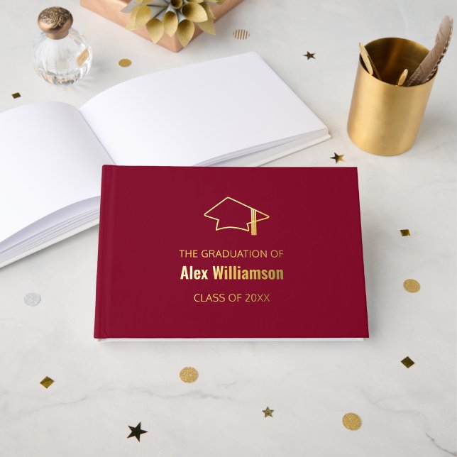 Burgundy Gold Real Foil Graduation Guest Book (Front Open)