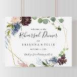 Burgundy Gold Rehearsal Dinner Welcome Sign<br><div class="desc">This burgundy gold rehearsal dinner welcome sign is perfect for a modern wedding rehearsal. The elegant boho design features watercolor navy, blush pink and wine shade flowers with artistic penciled details.</div>