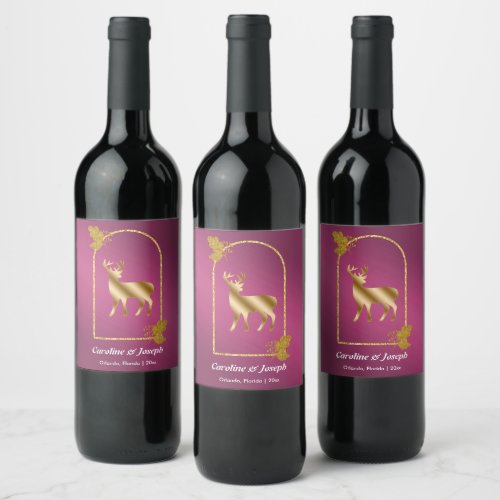  Burgundy Gold Reindeer  Gold Glitter Wedding Wine Label