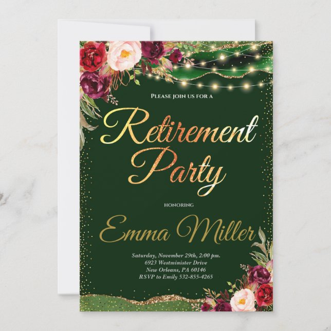 Burgundy & Gold Retirement Celebration Invitation (Front)