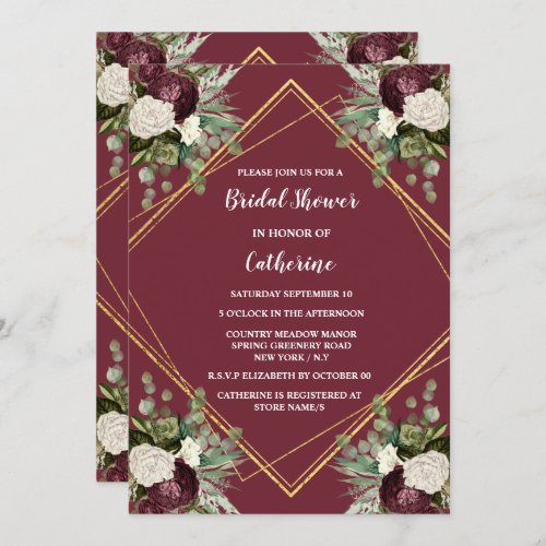 Burgundy gold rose botanical floral bloom invitation