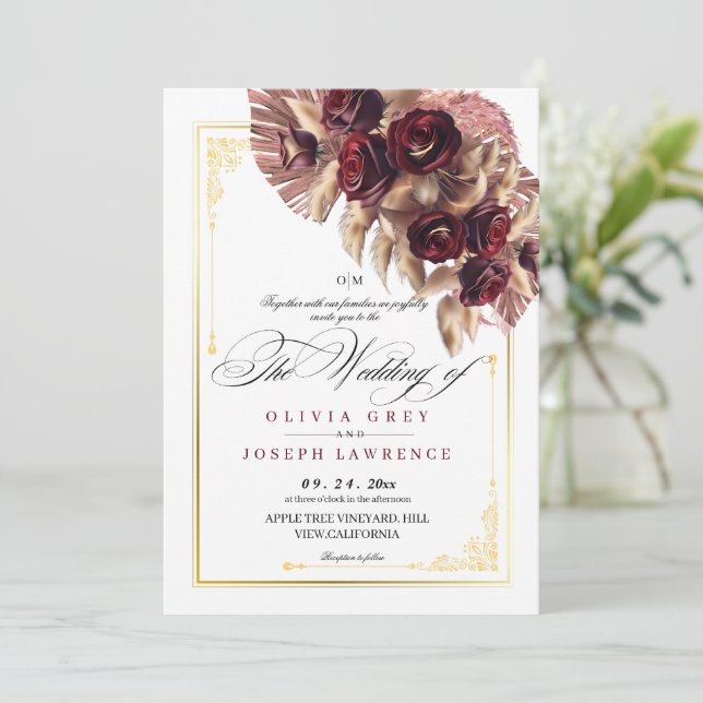  Burgundy Gold Rose Floral Boho Rustic Wedding Invitation (Standing Front)