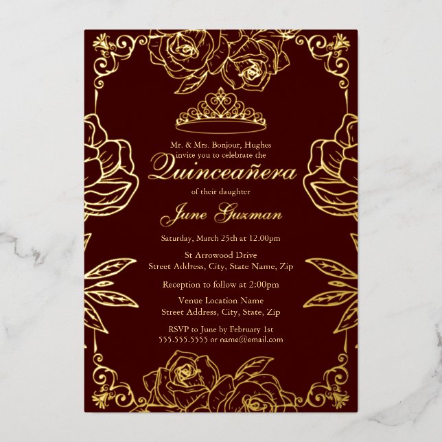 Burgundy Gold Rose Garden Quinceanera Foil Invitation (Front)