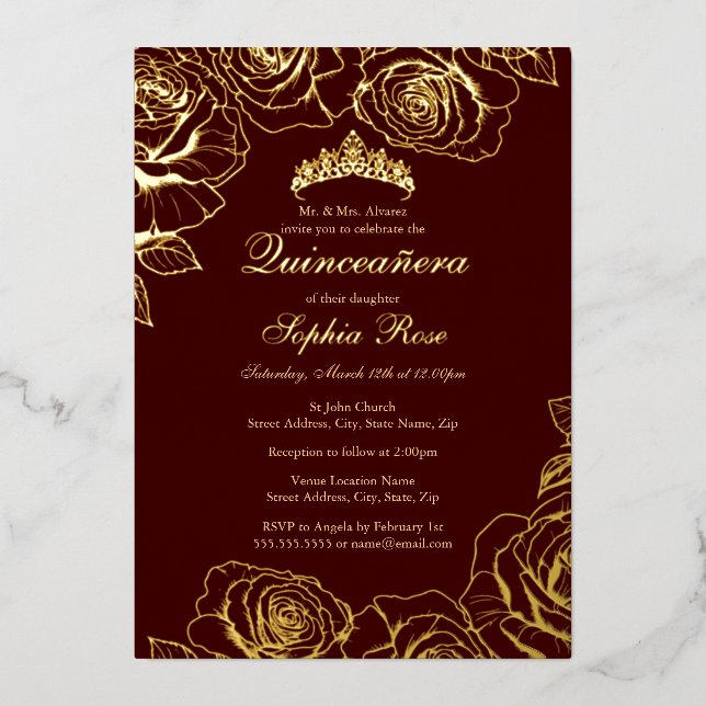 Burgundy Gold Rose Garden Quinceanera  Foil Invitation (Front)