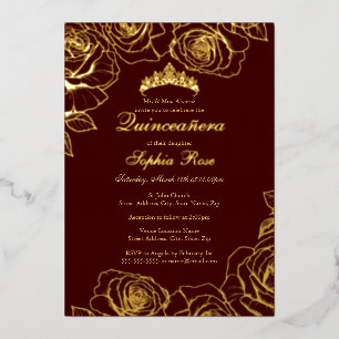 Burgundy Gold Rose Garden Quinceanera Foil Invitation
