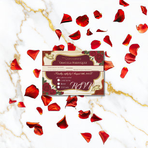Burgundy & Gold Rose Quinceañera RSVP Card