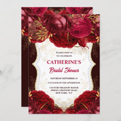 Burgundy gold rose watercolor bridal shower chic  invitation