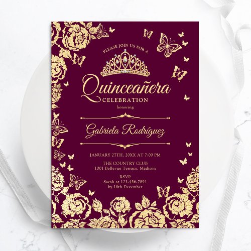 Burgundy Gold Roses Butterflies Quinceanera Invitation