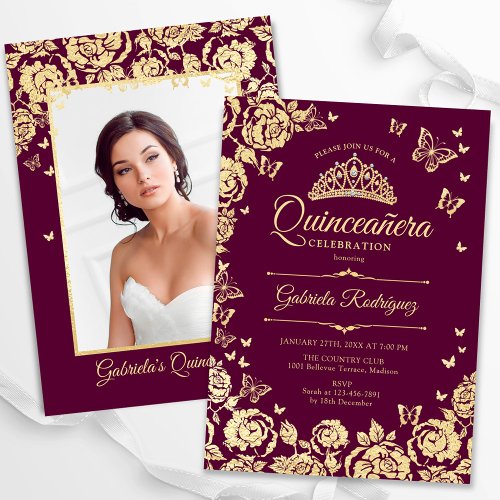 Burgundy Gold Roses Butterflies Quinceanera Photo Invitation