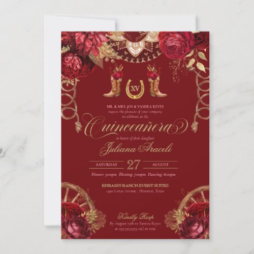 Burgundy Gold Roses Elegant Charro Quinceanera Inv Invitation