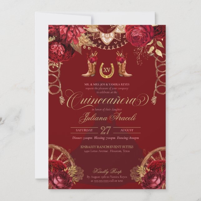 Burgundy Gold Roses Elegant Charro Quinceanera Invitation (Front)