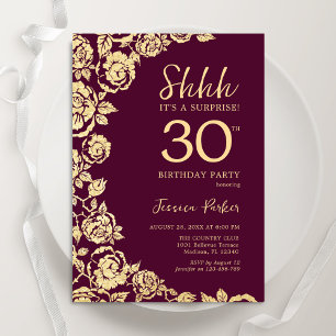 Burgundy Gold Roses Surprise 30th Birthday Invitation