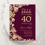 Burgundy Gold Roses Surprise 40th Birthday Invitation<br><div class="desc">Burgundy gold floral surprise 40th birthday party invitation. Elegant design featuring roses,  faux gold foil and typography script font. Trendy invite card perfect for a stylish female bday celebration. Can be customized to any age. Printed Zazzle invitations or instant download digital printable template.</div>