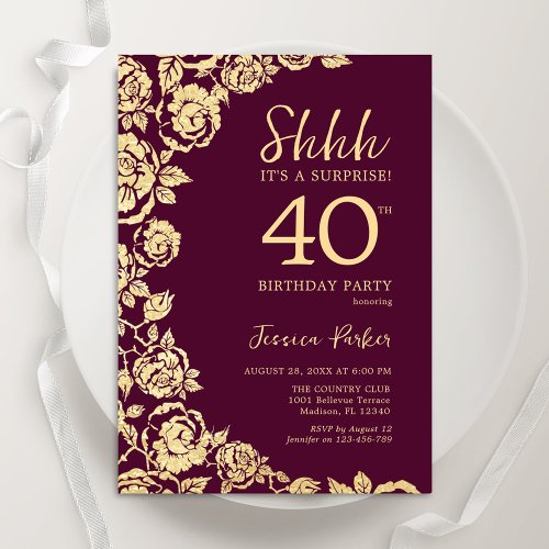 Burgundy Gold Roses Surprise 40th Birthday Invitation