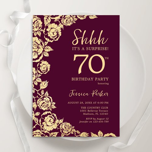 Burgundy Gold Roses Surprise 70th Birthday