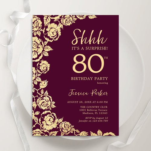 Burgundy Gold Roses Surprise 80th Birthday Invitation