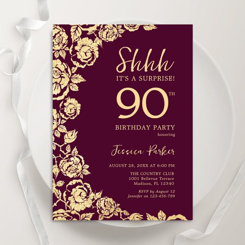 Burgundy Gold Roses Surprise 90th Birthday Invitation