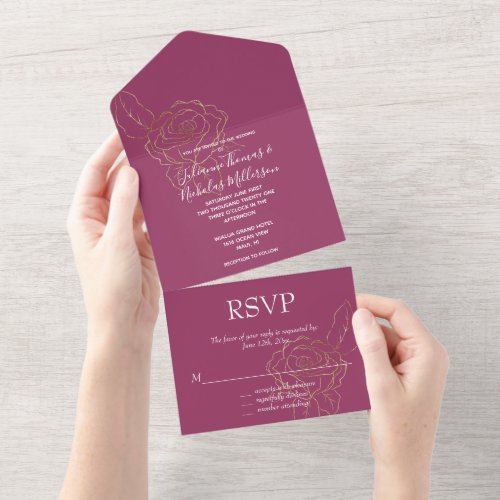 Burgundy Gold Roses Wedding All In One Invitation