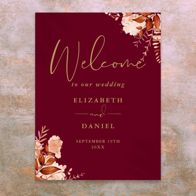 Burgundy Gold Rustic Floral Wedding Welcome Sign (Burgundy Gold Rustic Floral Wedding Welcome Sign)